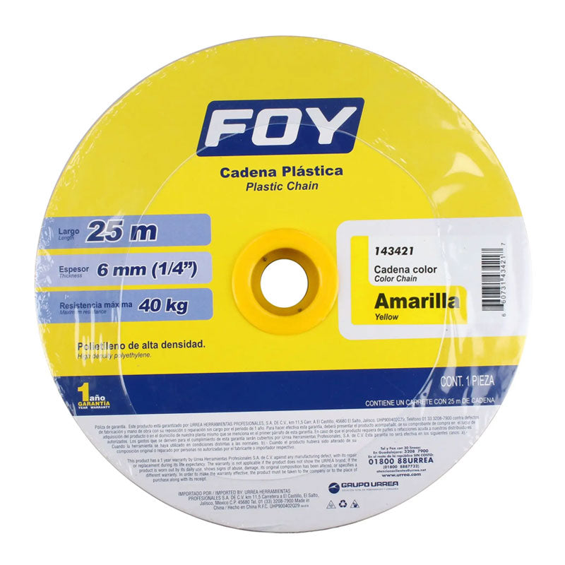 Cadena plástica calibre 6 mm de 25 m, color amarillo, 143421 Foy