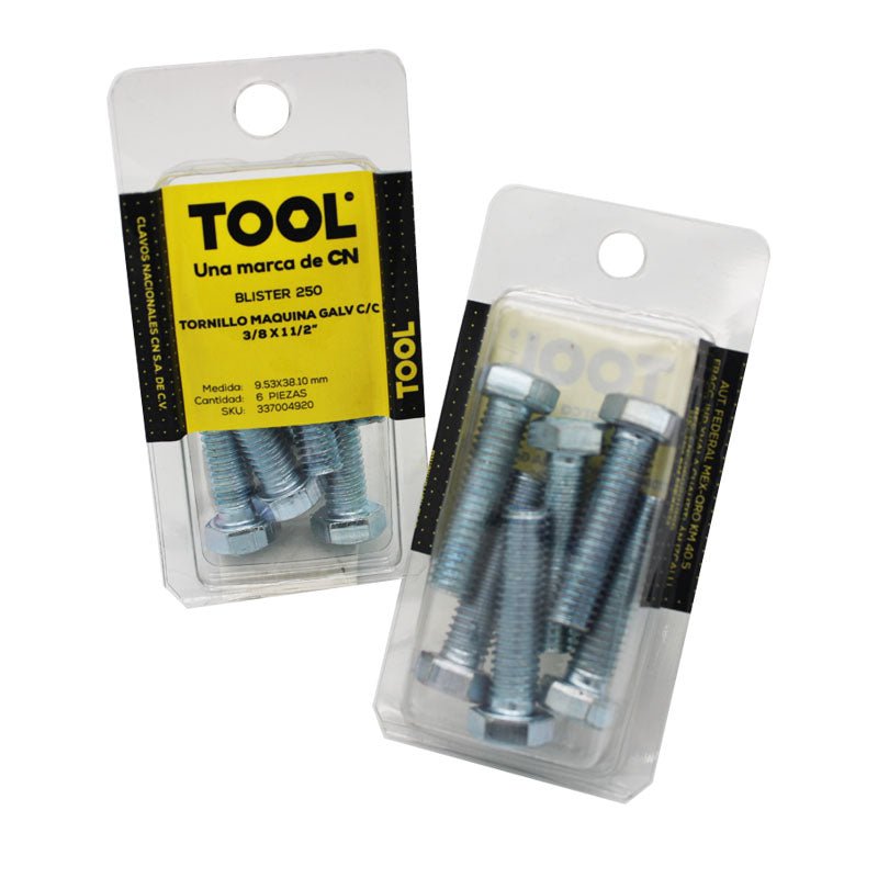 Blíster 250 Tornillo Máquina Galvanizado Con Cabeza 3/8"X1 1/2" Con 6 Piezas - Tool Ferreterías / Ferretodo - Herramientas y material de construcción.