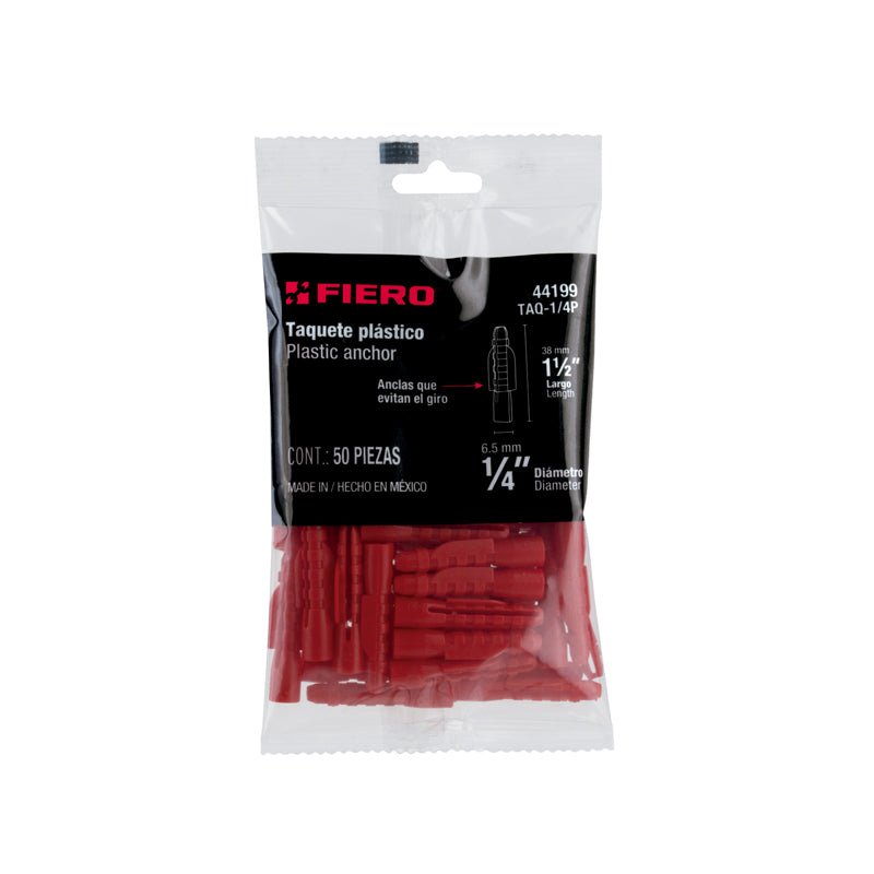 Bolsa con 50 taquetes de plástico 1/4", 44199, Fiero - Tool Ferreterías / Ferretodo - Herramientas y material de construcción.