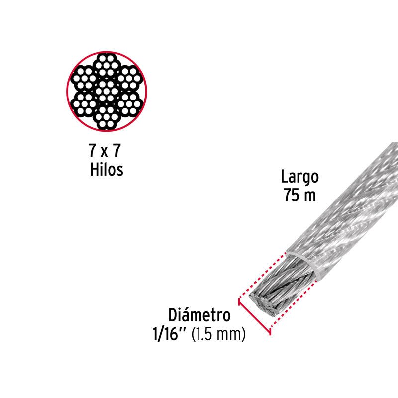 Cable de acero recubierto de PVC de 1/16" x 75 m, 7 x 7 hilos, 44220 Fiero CAB1/16RX - Tool Ferreterías / Ferretodo - Herramientas y material de construcción.