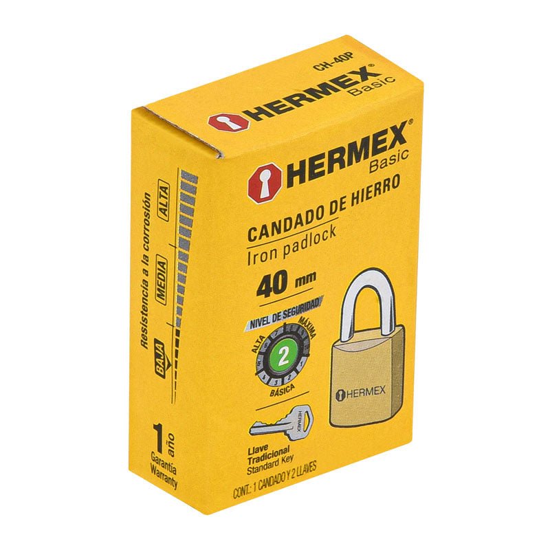 Candado de hierro color latón de 40 mm, corto, 23518 Hermex CH 40P - Tool Ferreterías / Ferretodo - Herramientas y material de construcción.