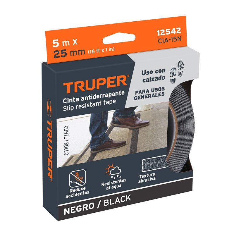 Cinta antiderrapante negra de 25 mm x 5 m con abrasivo, 12542 Truper CIA15N - Tool Ferreterías / Ferretodo - Herramientas y material de construcción.