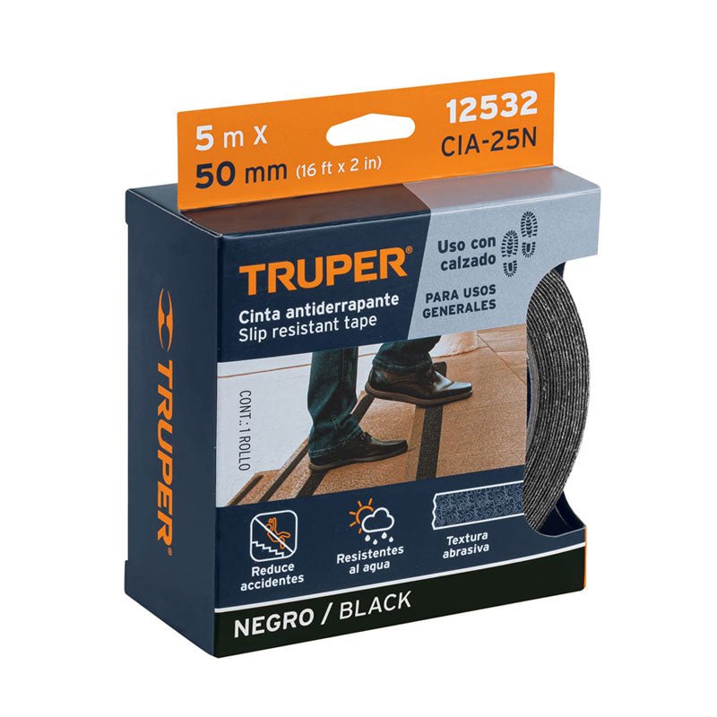 Cinta antiderrapante negra de 50 mm x 5 m con abrasivo, 12532 Truper CIA25N - Tool Ferreterías / Ferretodo - Herramientas y material de construcción.