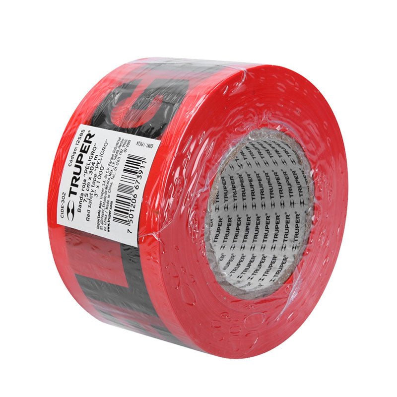 Cinta delimitadora "Peligro" de 3" x 304 m, roja, 12585 Truper CIDE302 - Tool Ferreterías / Ferretodo - Herramientas y material de construcción.