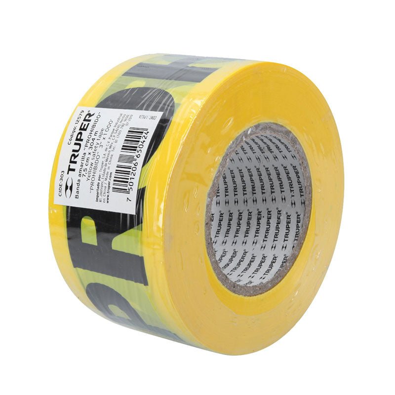 Cinta delimitadora "Prohibido" de 3" x 305 m, 12579 Truper CIDE303 - Tool Ferreterías / Ferretodo - Herramientas y material de construcción.