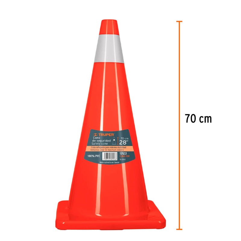 Cono de precaución de 70 cm de PVC con reflejante, 13123 Truper CONO70R - Tool Ferreterías / Ferretodo - Herramientas y material de construcción.