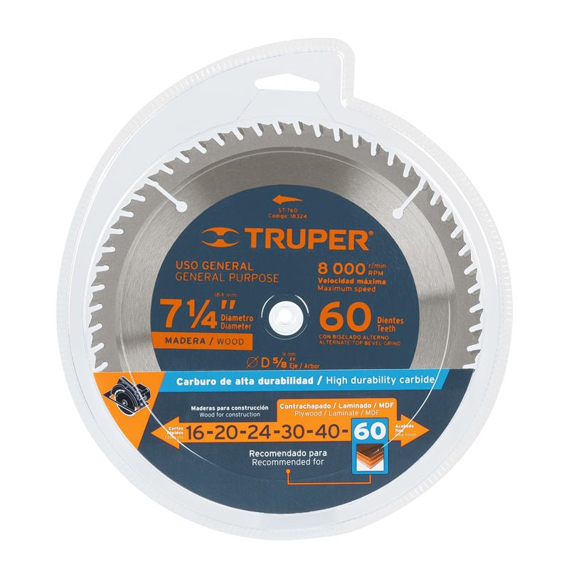 Disco sierra de 7 1/4" para madera, 60 dientes centro 5/8", 18324 Truper ST - 760 - Tool Ferreterías / Ferretodo - Herramientas y material de construcción.
