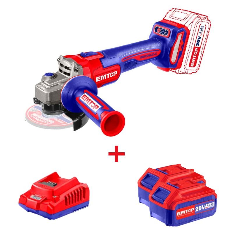 Esmeril angular inalámbrico de 4 1/2", 20 V, 2 baterías y cargador, ULAG271532 Emtop - Tool Ferreterías / Ferretodo - Herramientas y material de construcción.
