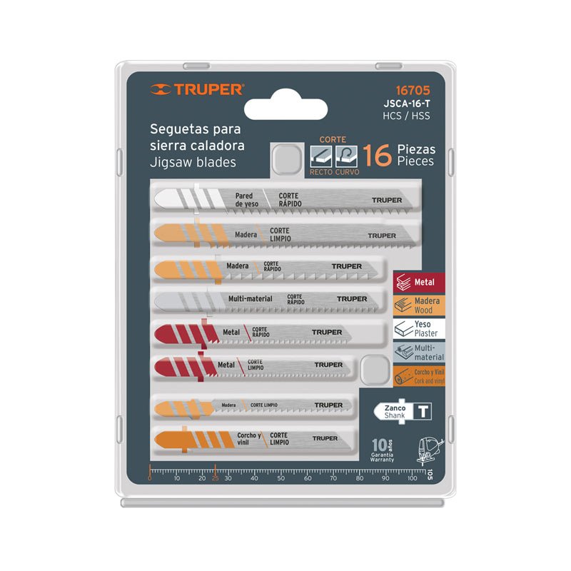 Juego de 16 seguetas para caladora zanco "T" corte recto, 16705 Truper JSCA - 16 - T - Tool Ferreterías / Ferretodo - Herramientas y material de construcción.