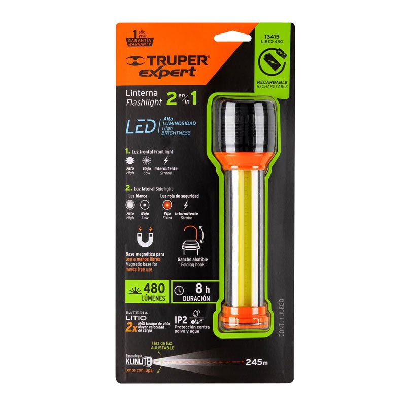 Linterna recargable con luz emergencia de 480 lm, 13415 Truper Expert LIREX 480 - Tool Ferreterías / Ferretodo - Herramientas y material de construcción.