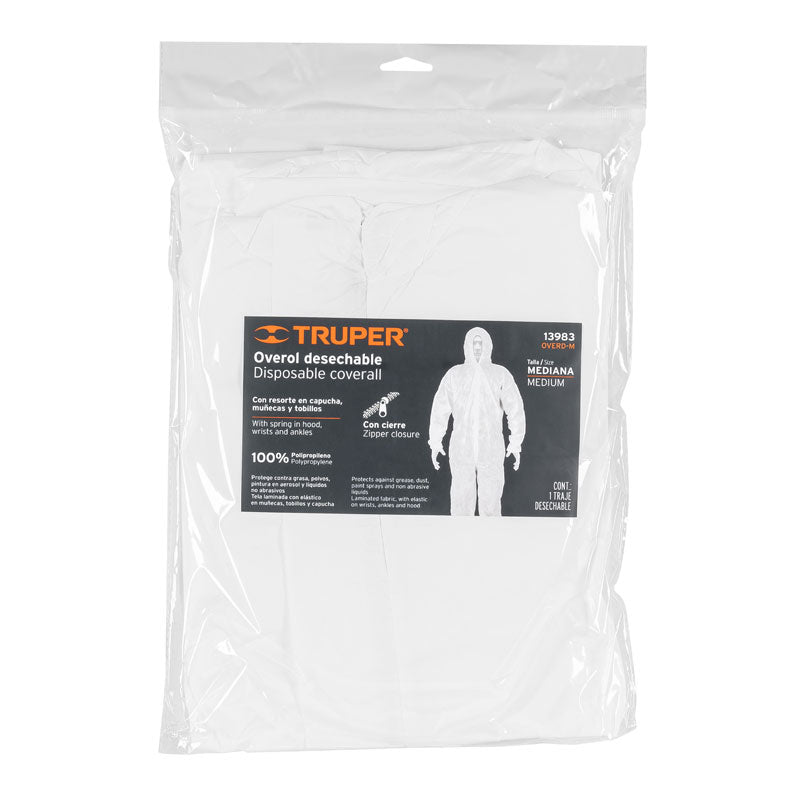 Overol desechable, talla mediana, 13983 Truper OVERD M - Tool Ferreterías / Ferretodo - Herramientas y material de construcción.