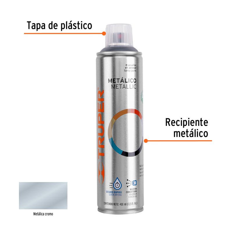 Pintura en aerosol de 400 ml, cromo metálico, bote esbelto, 19053 Truper PAM - CR - Tool Ferreterías / Ferretodo - Herramientas y material de construcción.