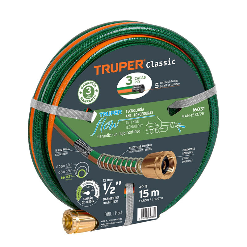 Manguera 1/2" Reforzada 3 Capas 15 M Conexiones De Metal