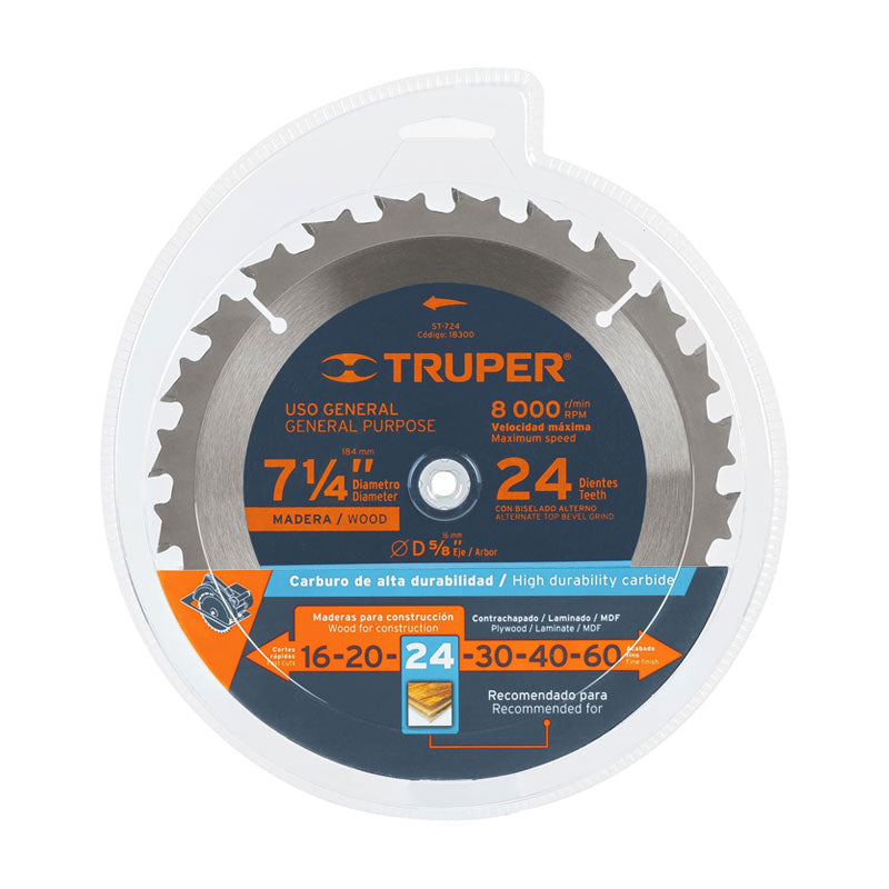Disco Sierra 7 1/4" Para Madera, 24 Dientes Centro 5/8", Truper