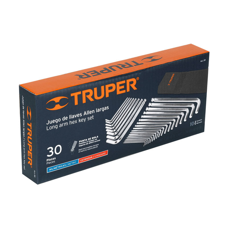 Juego 30 Llaves Allen Largas Std Y Mm Punta Bola, Estuche