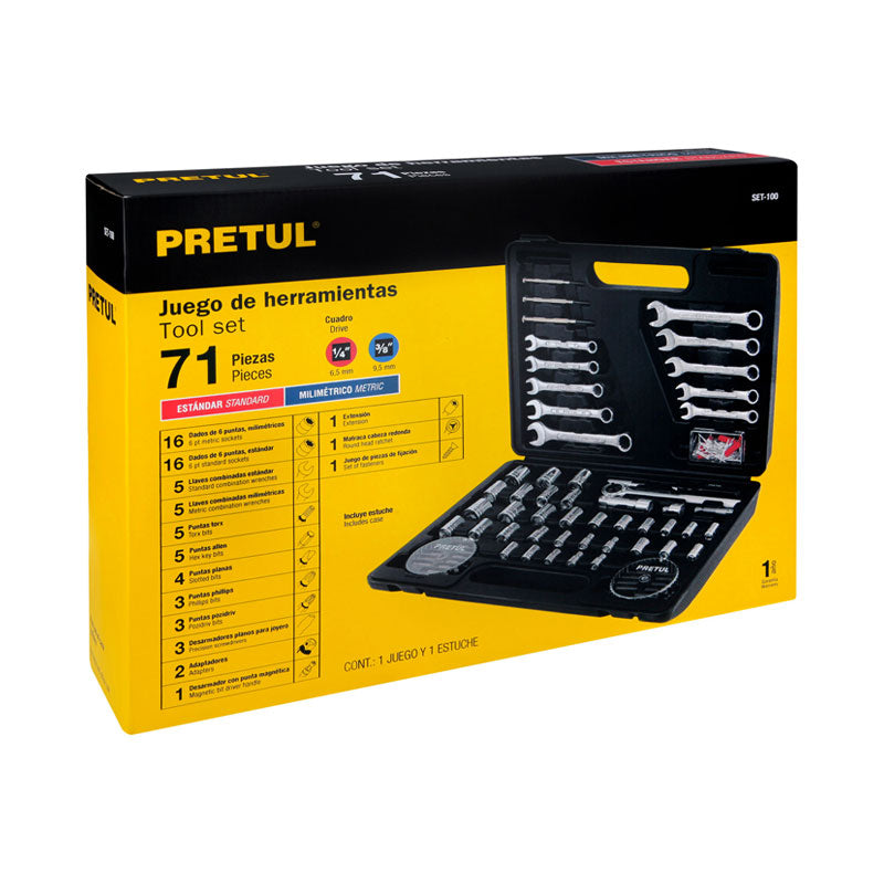Juego De 71 Herramientas 1/4" Y 3/8" Para Mecánico, Pretul