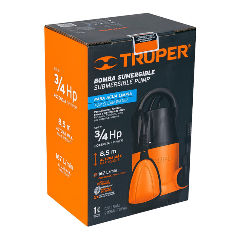 Bomba Sumergible Plástica Para Agua Limpia 3/4 Hp, Truper