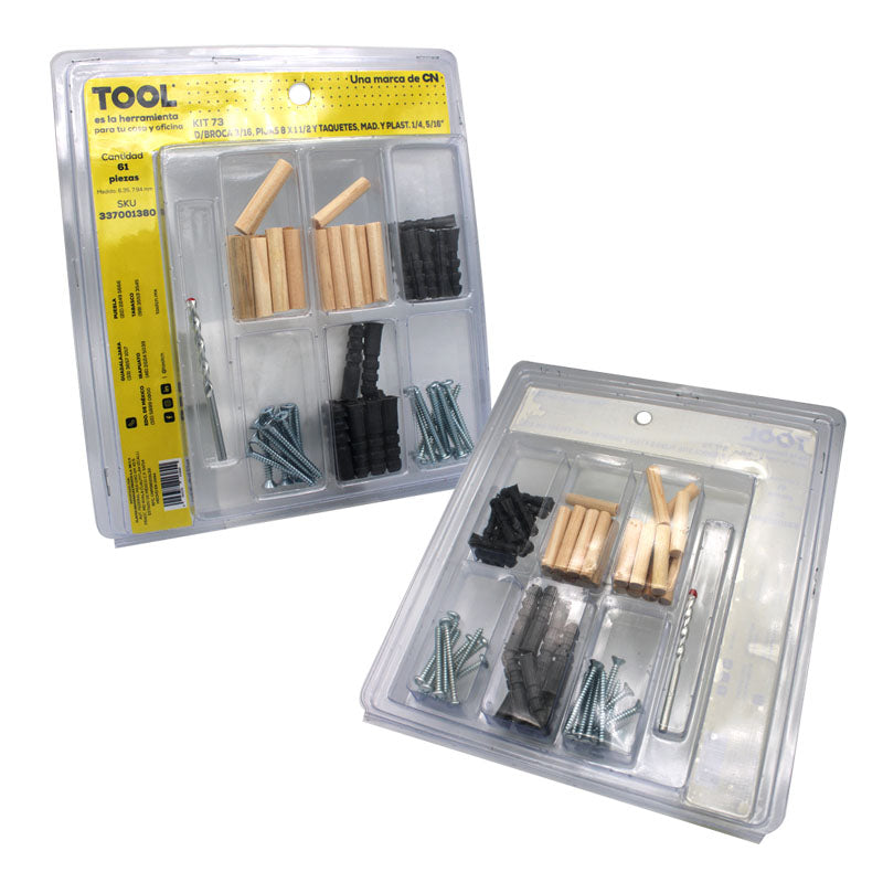Kit73 De Broca 3/16" Pijas 8X1 1/2" Y Taquetes De Madera Y Plástico