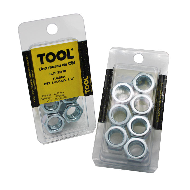 Blíster 78 Tuerca Hexagonal Liviana Galvanizada 1/2" Con 7 Piezas