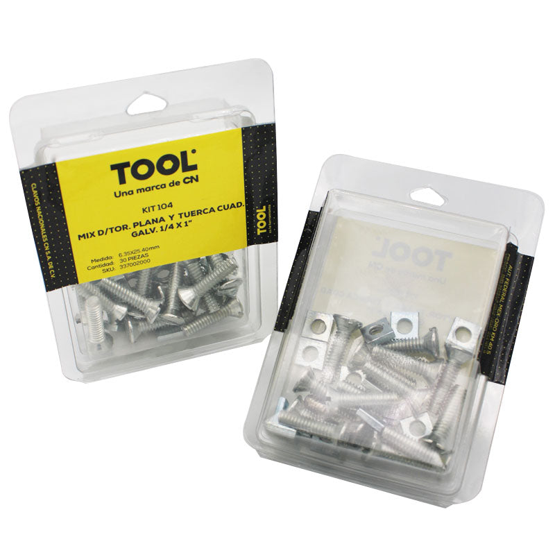 Kit 104 Mix De Tornillería Cabeza Plana Y Tuerca Cuadrada Galvanizada 1/4X1" Con 30 Piezas