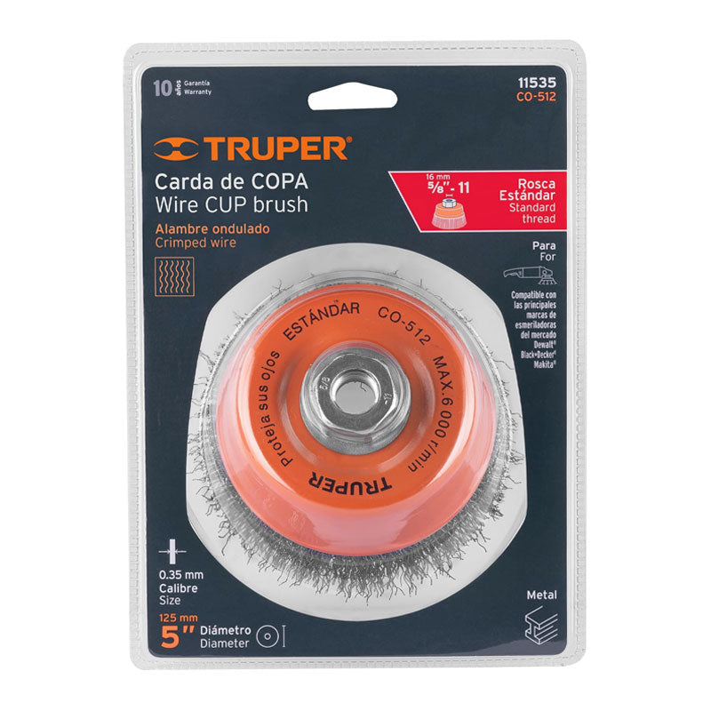 Carda Copa 5" Alambre Ondulado Fino, Eje 5/8" 11, Truper