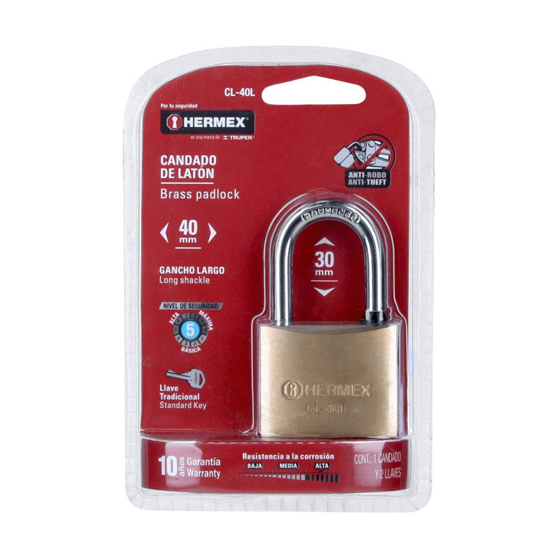 Candado De Latón 40 Mm Gancho Largo En Blíster, Hermex