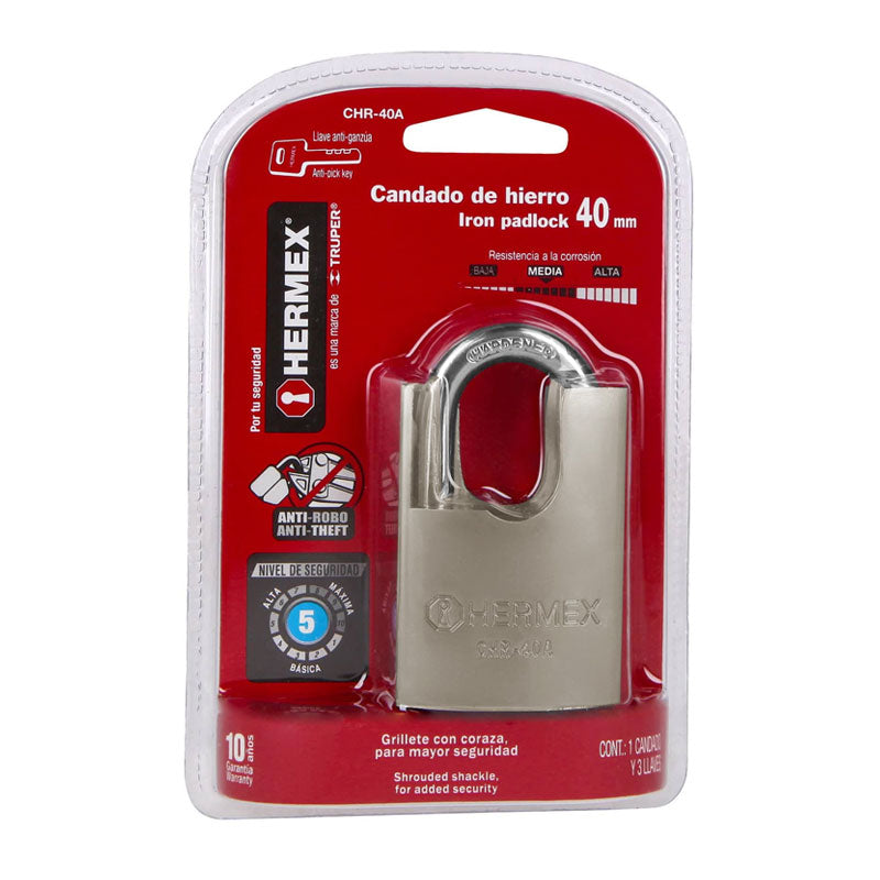 Candado De Hierro 40 Mm Con Coraza, Llave Anti Ganzúa