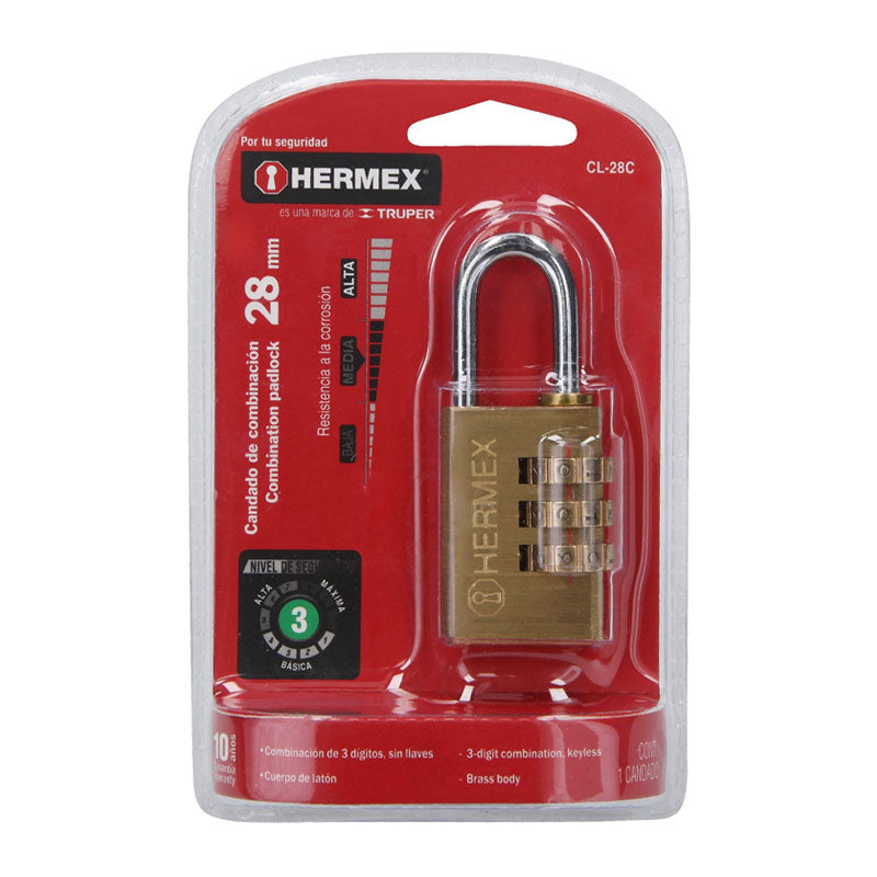 Candado De Combinación 28 Mm Cuerpo De Latón En Blíster