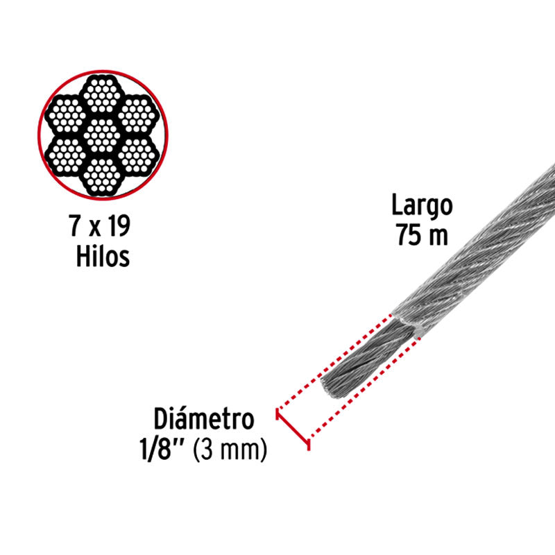 Metro Cable Flexible 1/8" Acero 7X19 Recubierto Pvc, 75 M
