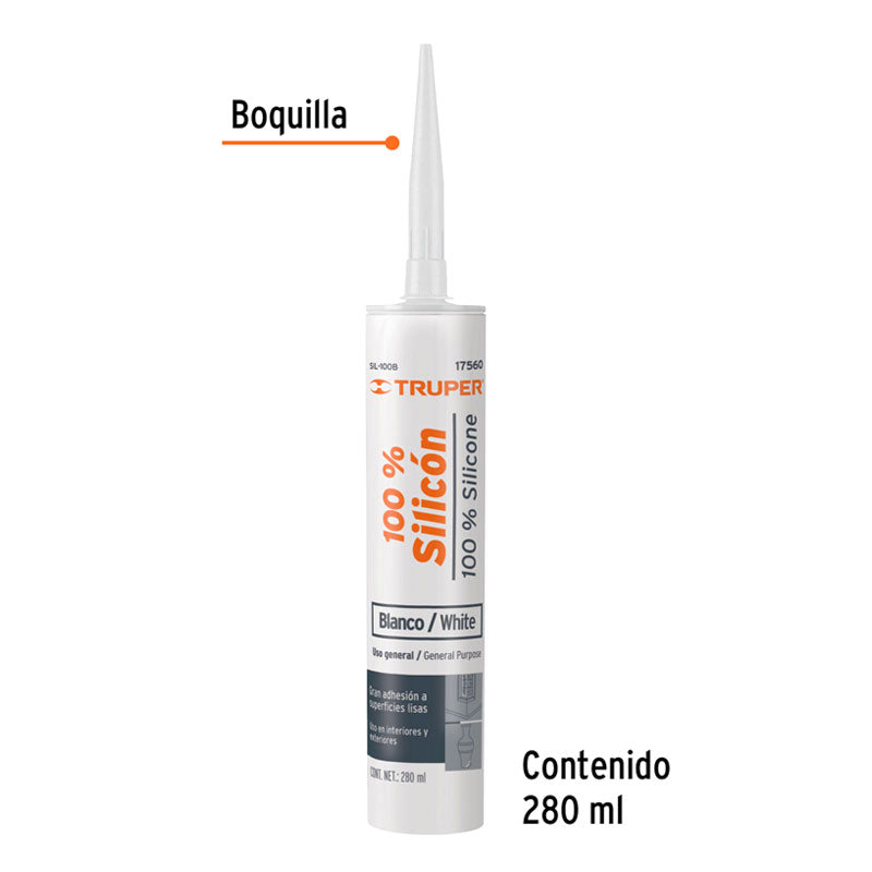 Sellador Blanco 100% Silicón De 280 Ml, Truper
