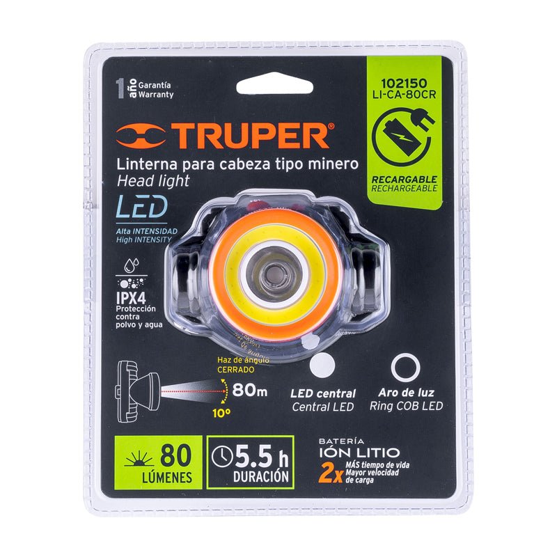 Linterna De Minero Led/Cob 80 Lm Recargable 102150, Truper - Tool Ferreterías / Ferretodo - Herramientas y material de construcción.