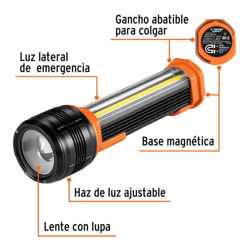 Linterna recargable con luz emergencia de 480 lm, 13415 Truper Expert LIREX 480