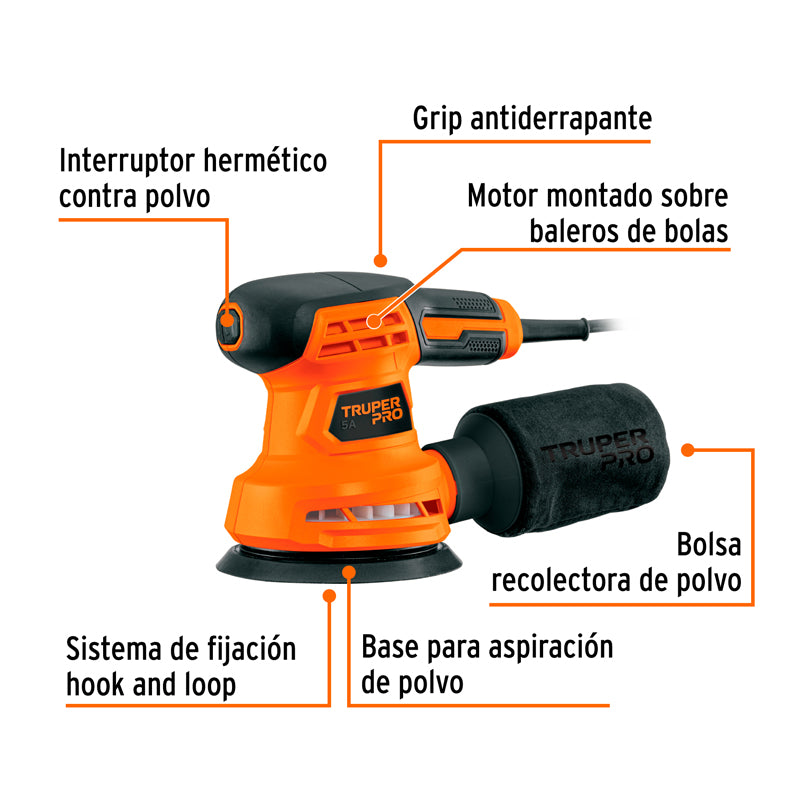 Lijadora roto orbital de 5" de 260 W, 103656 Truper Pro LIRO-5A2