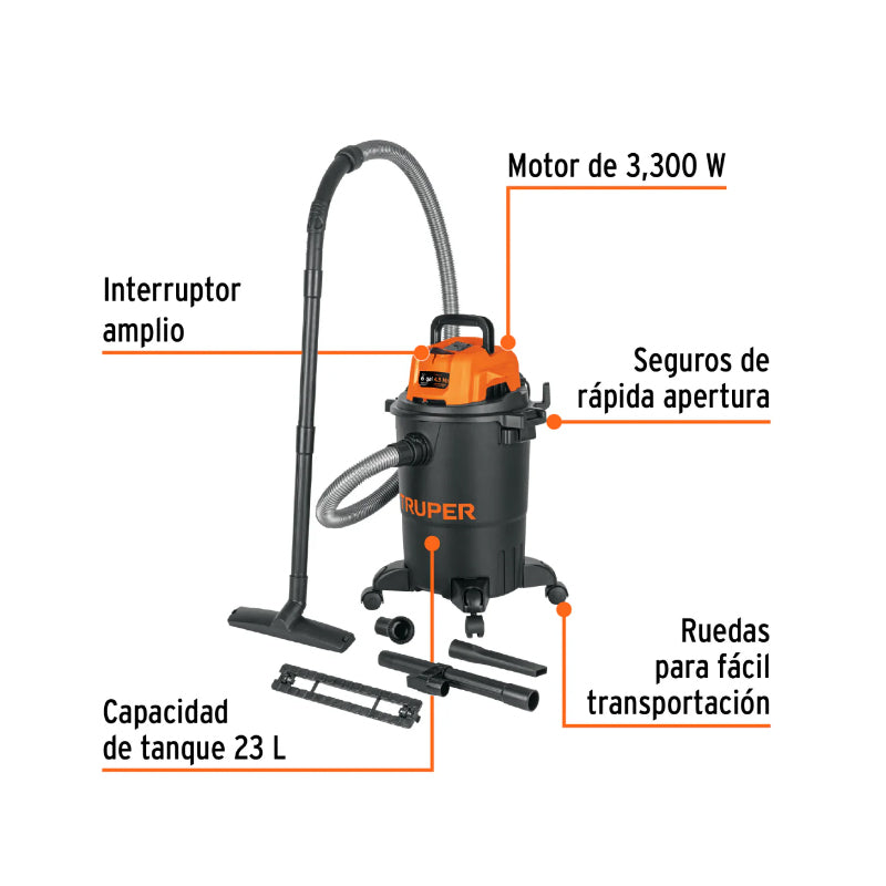 Aspiradora de sólidos y líquidos, 6 gal, plástica, negra, 102964 Truper ASP-06N
