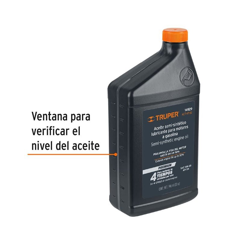 Aceite semi sintético para motor de 4 tiempos de 946 ml, 14929 Truper ACT4T32 - Tool Ferreterías / Ferretodo - Herramientas y material de construcción.