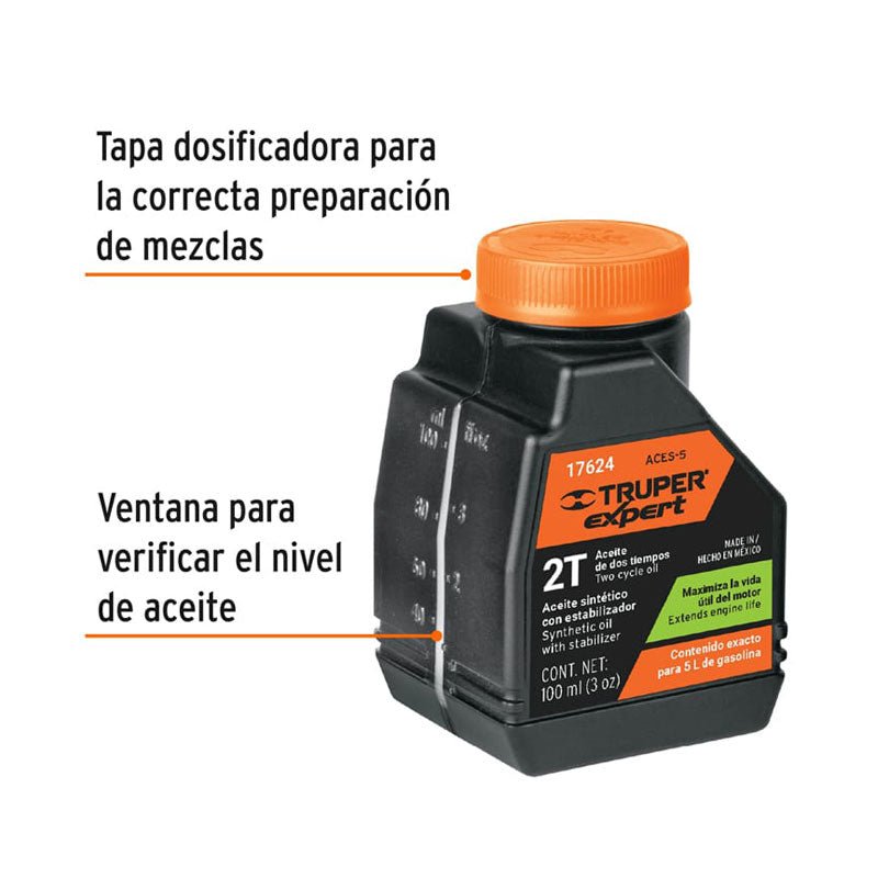 Aceite sintético para motor de 2 tiempos de 100 ml, 17624 Truper ACES5 - Tool Ferreterías / Ferretodo - Herramientas y material de construcción.