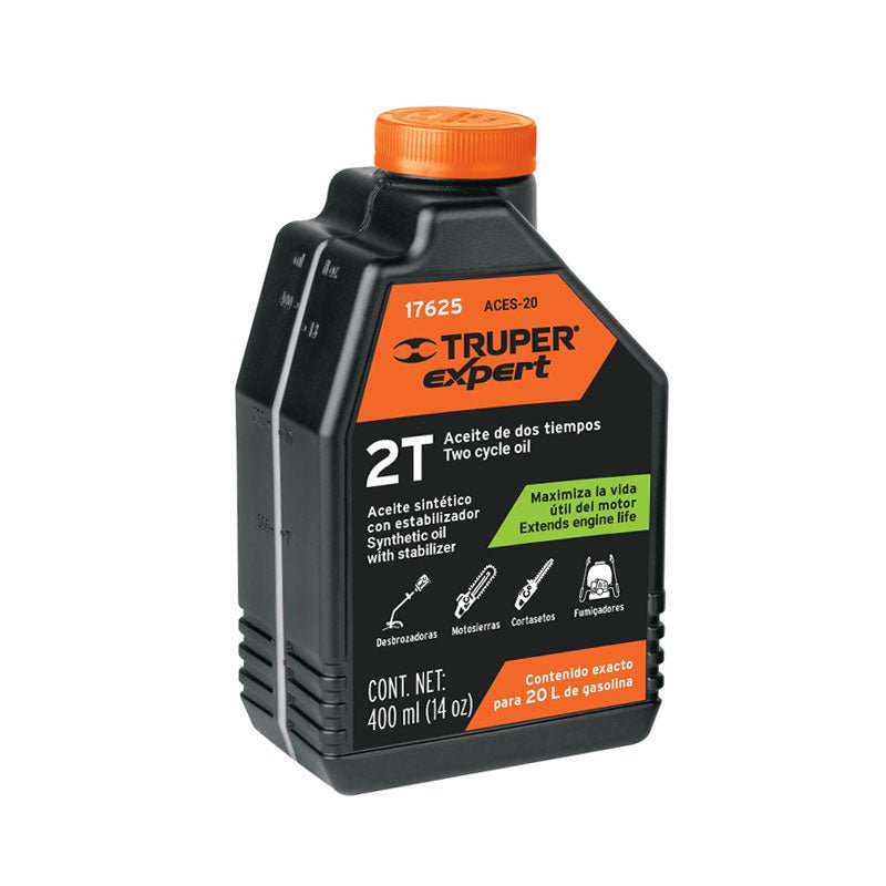 Aceite sintético para motor de 2 tiempos de 400 ml, 17625 Truper ACES20 - Tool Ferreterías / Ferretodo - Herramientas y material de construcción.