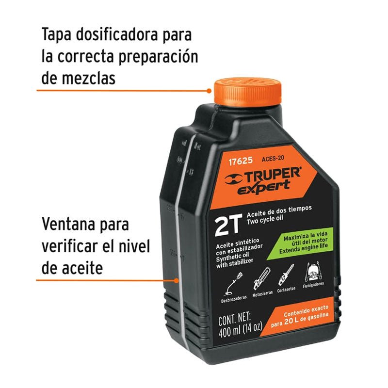 Aceite sintético para motor de 2 tiempos de 400 ml, 17625 Truper ACES20 - Tool Ferreterías / Ferretodo - Herramientas y material de construcción.