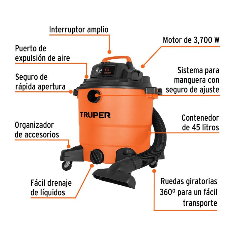 Aspiradora De Sólidos Y Líquidos De 12 Gal, Plástica, Truper - Tool Ferreterías / Ferretodo - Herramientas y material de construcción.