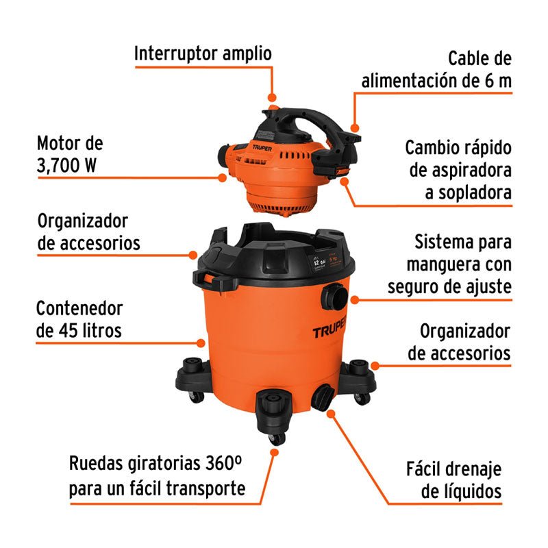 Aspiradora/Sopladora De Sólidos Y Líquidos 12 Gal, Plástica - Tool Ferreterías / Ferretodo - Herramientas y material de construcción.