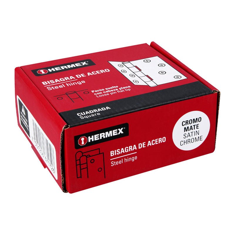 Bisagra Cuadrada 4", Cromo Mate, Cabeza Plana, Hermex - Tool Ferreterías / Ferretodo - Herramientas y material de construcción.