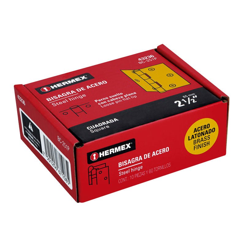 Bisagra cuadrada de 2 1/2", latonado, cabeza plana, 43236 Hermex BC 251P - Tool Ferreterías / Ferretodo - Herramientas y material de construcción.