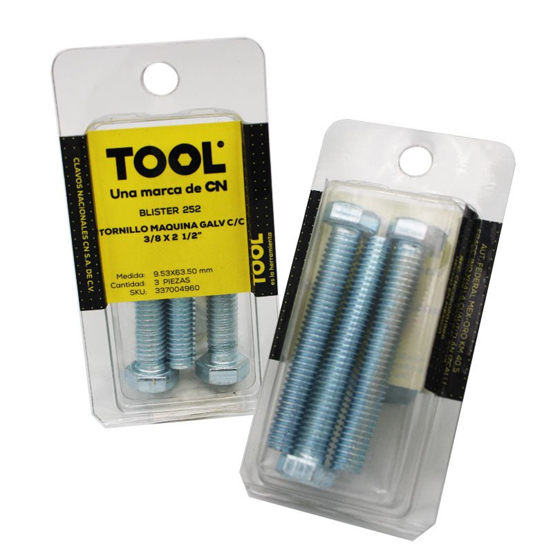 Blíster 252 Tornillo Máquina Galvanizado Con Cabeza 3/8"X2 1/2" Con 3 Piezas - Tool Ferreterías / Ferretodo - Herramientas y material de construcción.