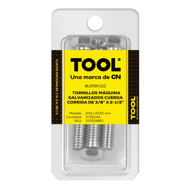 Blíster 252 Tornillo Máquina Galvanizado Con Cabeza 3/8"X2 1/2" Con 3 Piezas - Tool Ferreterías / Ferretodo - Herramientas y material de construcción.