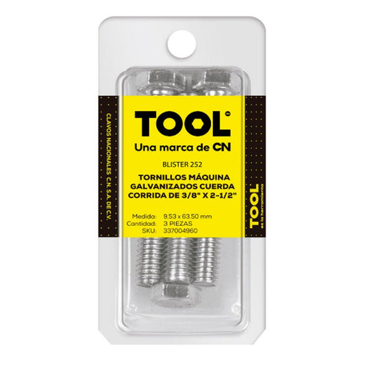Blíster 252 Tornillo Máquina Galvanizado Con Cabeza 3/8"X2 1/2" Con 3 Piezas - Tool Ferreterías / Ferretodo - Herramientas y material de construcción.