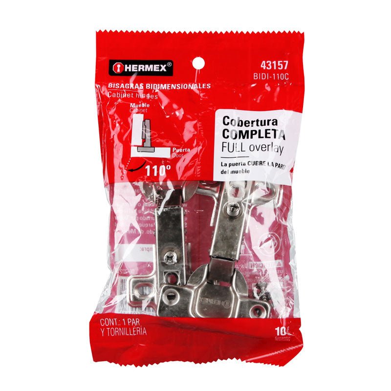 Bolsa con 2 bisagras bidimensionales de 110° cobertura completa, 43157 Hermex BIDI110C - Tool Ferreterías / Ferretodo - Herramientas y material de construcción.