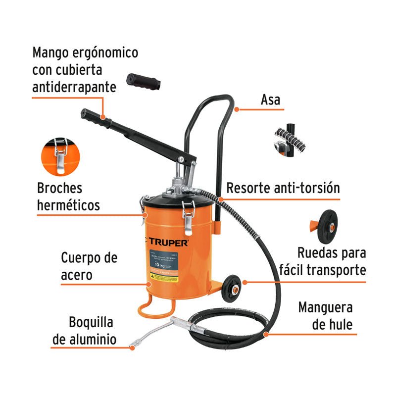 Bomba inyectora de grasa con capacidad de 10 kg, 16867 Truper BOMIN10 - Tool Ferreterías / Ferretodo - Herramientas y material de construcción.