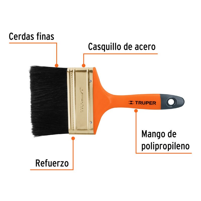 Brocha profesional de 4" con mango de plástico, 14486 Truper BRT4 - Tool Ferreterías / Ferretodo - Herramientas y material de construcción.