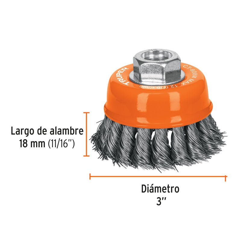 Carda copa de 3" de alambre trenzado fino, eje M14, 14184 Truper CT608M - Tool Ferreterías / Ferretodo - Herramientas y material de construcción.