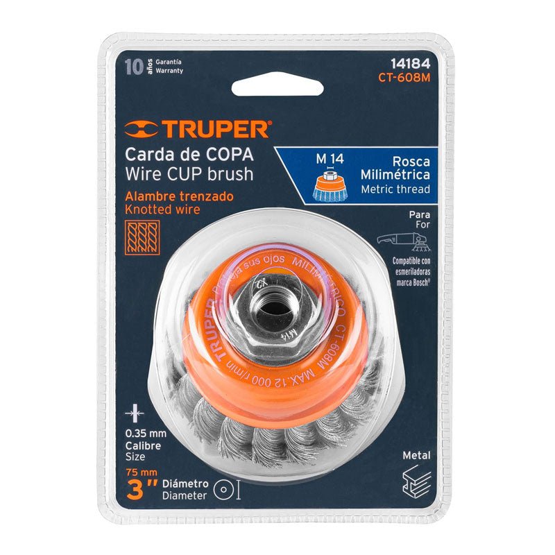Carda copa de 3" de alambre trenzado fino, eje M14, 14184 Truper CT608M - Tool Ferreterías / Ferretodo - Herramientas y material de construcción.